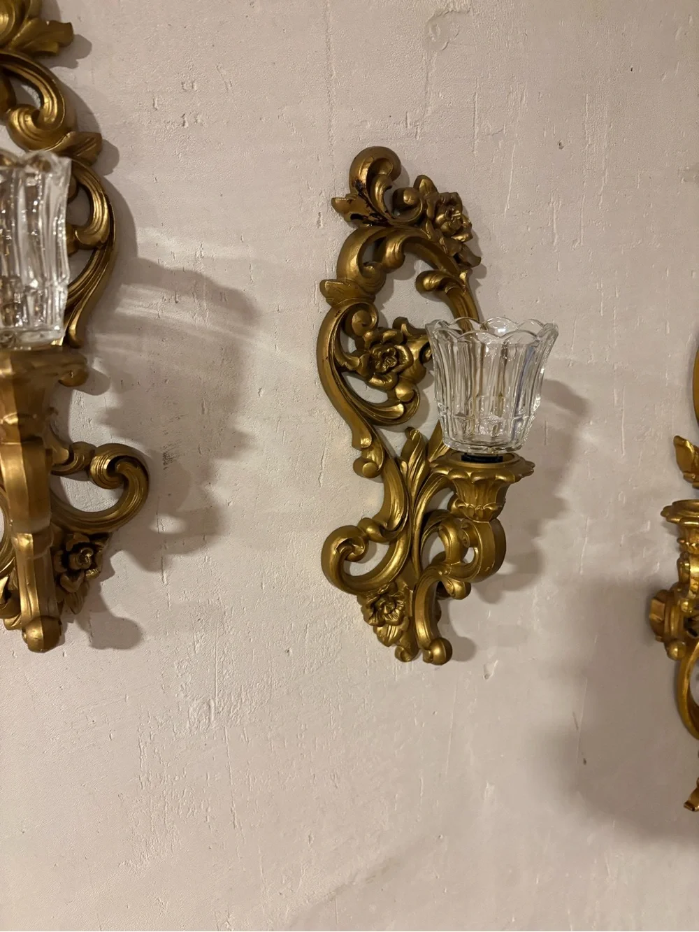 Pair of Gold Ornate Wall Lantern Sconces with Clear Glass Cups